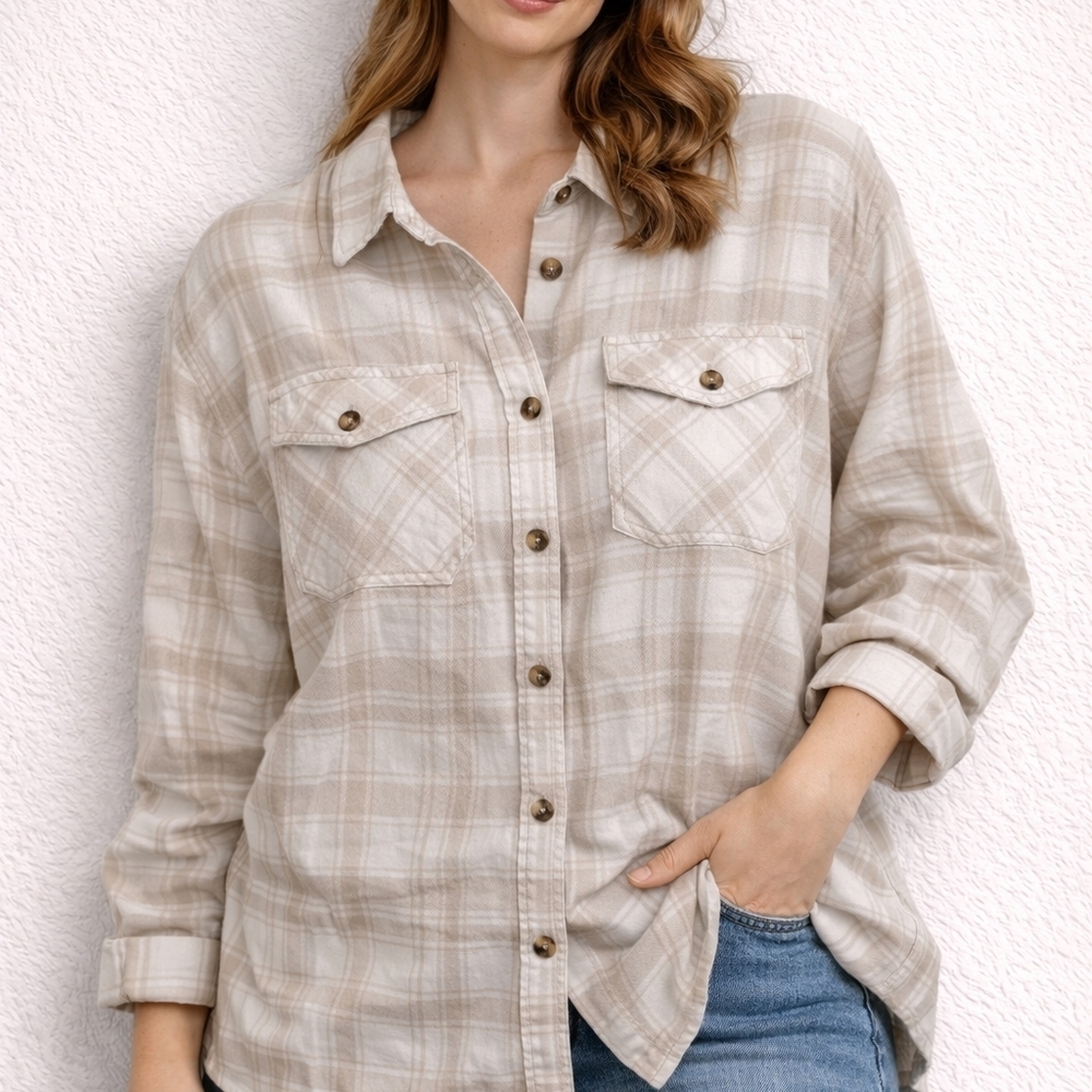 2/$20 Frank & Oak Beige Plaid Button-Down Shirt